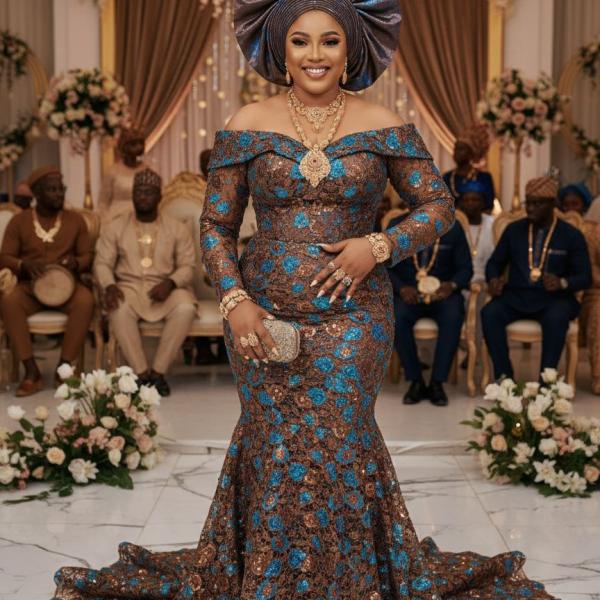 Off-Shoulder Lace Mermaid Gown with Statement Gele