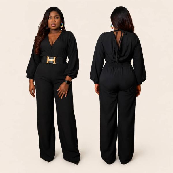 Elegant and Stylish Black Jumpsuit- Straight Leg & Draped Cowl-Neck Backline